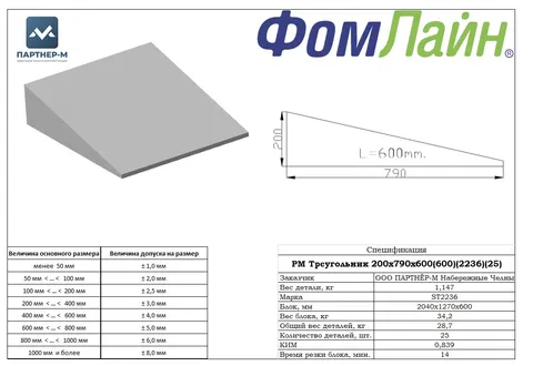 РМ Треугольник 200x790x600(600)(ST2236)(25) — подушка стандартной формы из ППУ, 200×790×600 мм