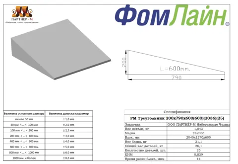 РМ Треугольник 200x790x600(600)(EL2036)(25) — подушка стандартной формы из ППУ, 200×790×600 мм