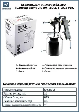 Краскопульт с нижним бачком, диаметр сопла 2,0 мм., BULL S-990S-PRO — краскопульт для клея — сопло: 2.0 мм