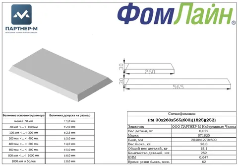 РМ 30x260x565(600)(ST1825)(252 шт.) — подушка стандартной формы из ППУ, 30×260×565 мм