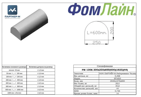 РМ 130K 200х250х600 (600)(18-25)(44 шт) — подушка стандартной формы из ППУ, 200×250×600 мм