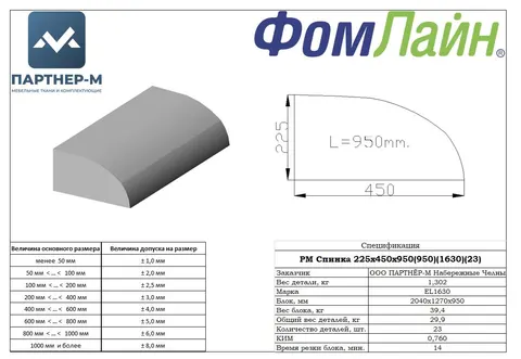РМ Спинка 225х450х950(950)(EL 1630)(23) — заготовка спинки из ППУ, 225×450×950 мм