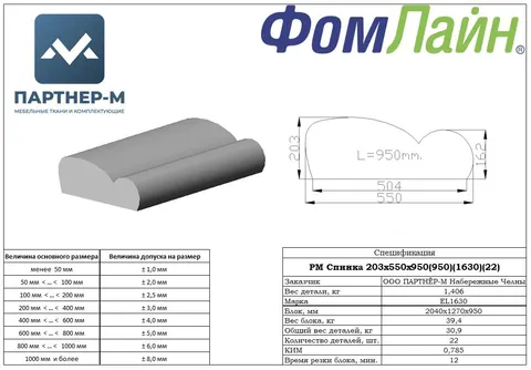 РМ Спинка 203x550x950(950)(EL 1630)(22) — заготовка спинки из ППУ, 203×550×950 мм