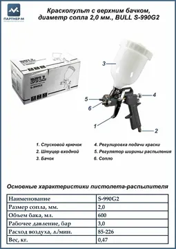 Краскопульт с верхним бачком, диаметр сопла 2,0 мм., BULL S-990G2 — краскопульт для клея — сопло: 2.0 мм