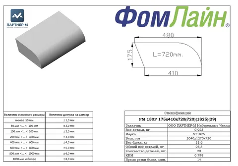 РМ 130P 175х410х720 (720)(18-25)(29 шт) — подушка стандартной формы из ППУ, 175×410×720 мм
