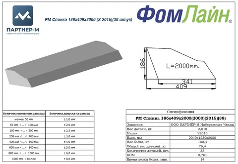 РМ Спинка 186х409х2000 (S 2015)(38 штук) — заготовка спинки из ППУ, 186×409×2000 мм