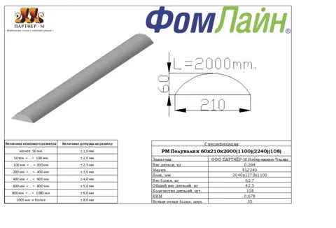 РМ Полувалик 60х210х2000(2000)(EL 2240)(108) — подушка стандартной формы из ППУ, 60×210×2000 мм