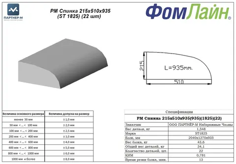 РМ Спинка 215х510х935 (ST 1825) (22 шт) — заготовка спинки из ППУ, 215×510×935 мм