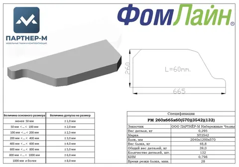 РМ 260х665х60(570)(3542)(132) — фигурная деталь из ППУ, 260×665×60 мм